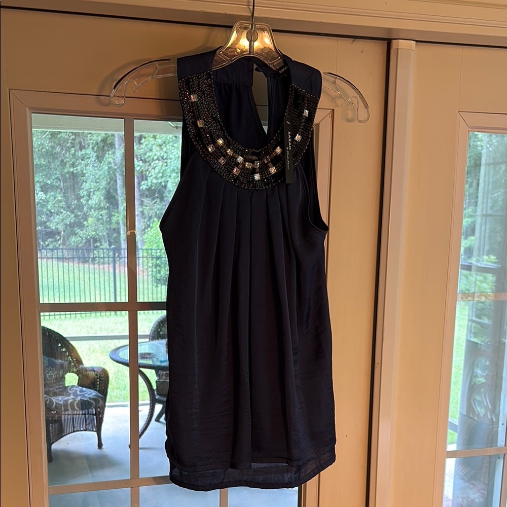 Sarah by Sarah Johnson Elegant Blue Midi Dress with Embellished Neckline